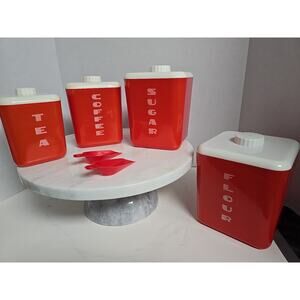 1950’s Red Plastic Lustro Ware Canister Set Flour Sugar Coffee Tea Lids & Scoops